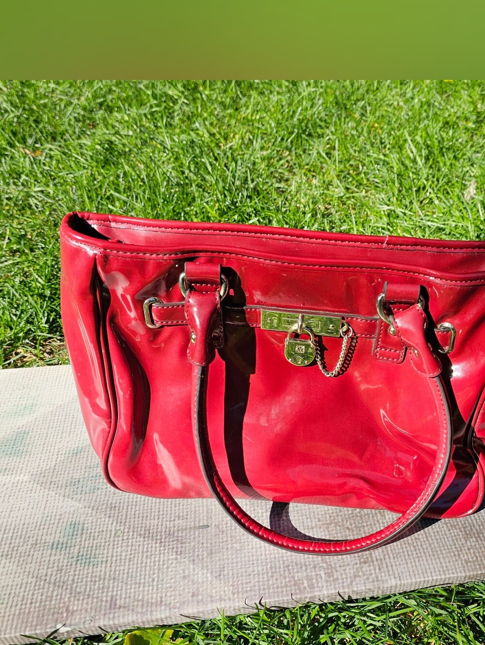 Anne Klein Red Patent Faux-leather Tote Bag Glossy Vinish with Gold Hardware